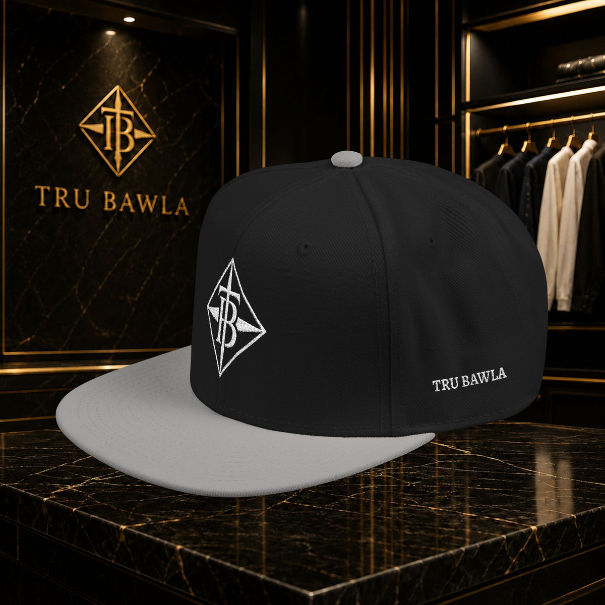 White Embroidered Snapback Cap — Minimal Geometric Logo, Adjustable Flat Brim
