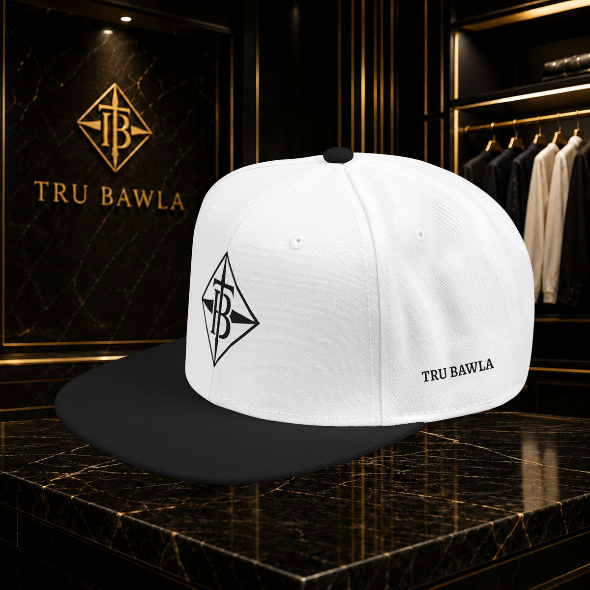 Black Embroidered Snapback Cap — Minimal Geometric Logo, Adjustable Flat Brim