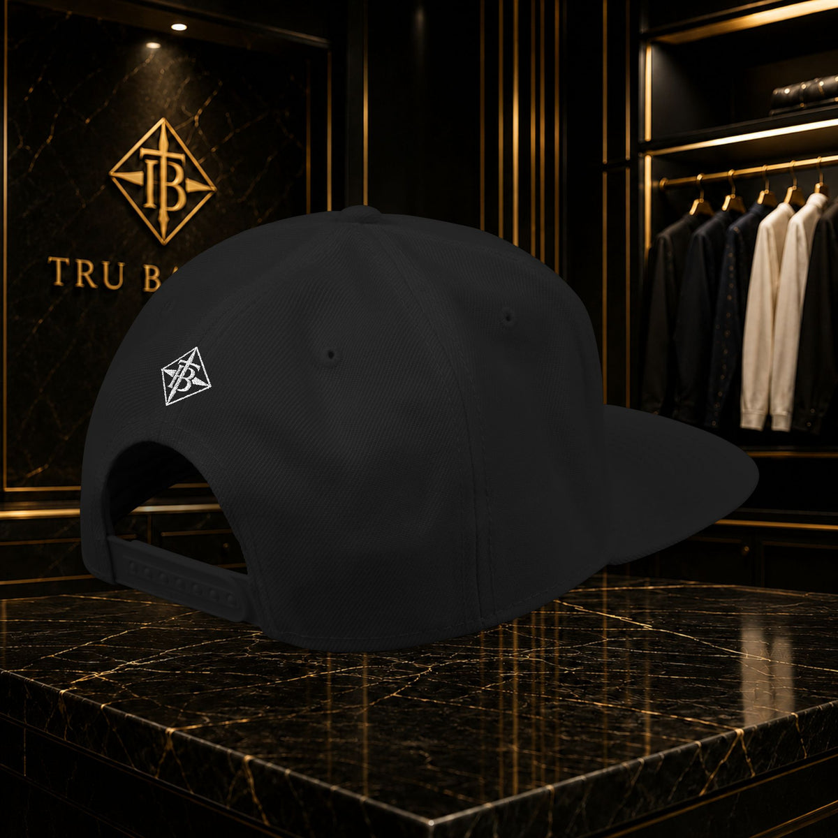White Embroidered Snapback Cap — Minimal Geometric Logo, Adjustable Flat Brim