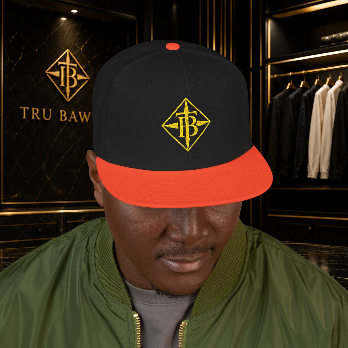 Gold Embroidered Snapback Cap — Minimal Geometric Logo, Adjustable Flat Brim
