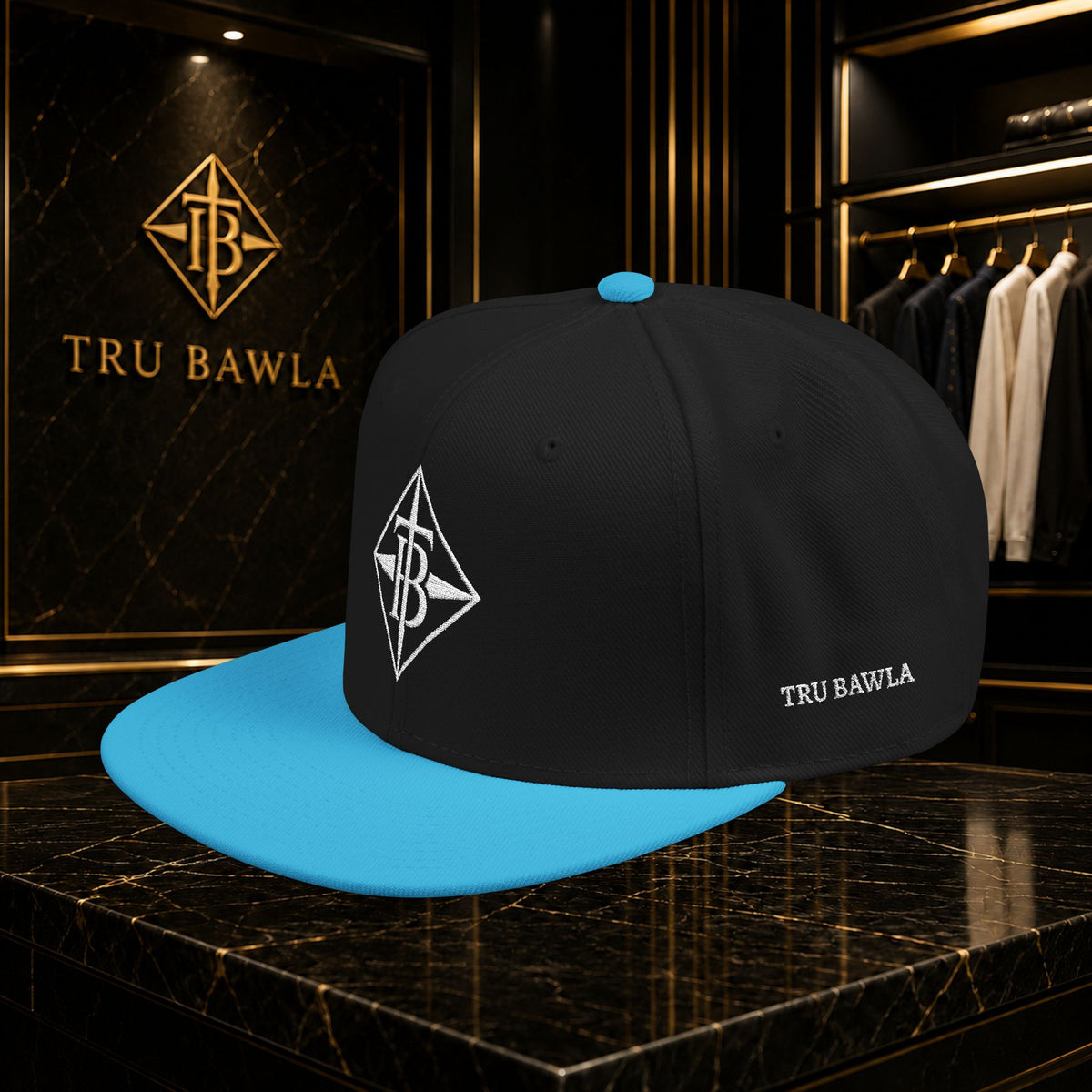 White Embroidered Snapback Cap — Minimal Geometric Logo, Adjustable Flat Brim