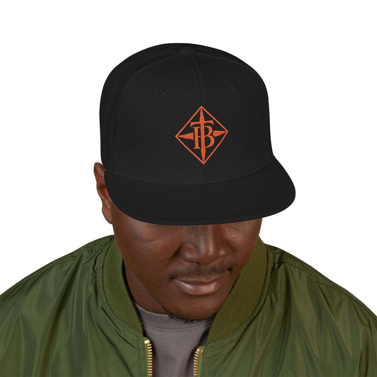 Embroidered Snapback Cap — Minimal Geometric Logo, Adjustable Flat Brim