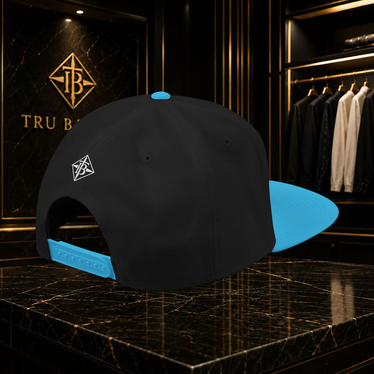 White Embroidered Snapback Cap — Minimal Geometric Logo, Adjustable Flat Brim