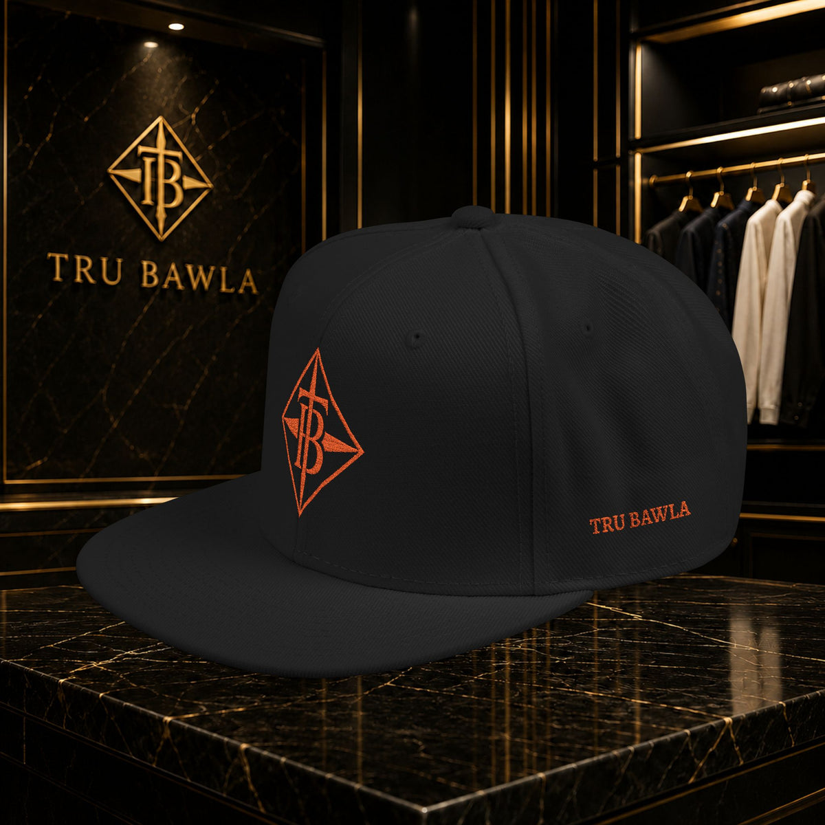 Embroidered Snapback Cap — Minimal Geometric Logo, Adjustable Flat Brim