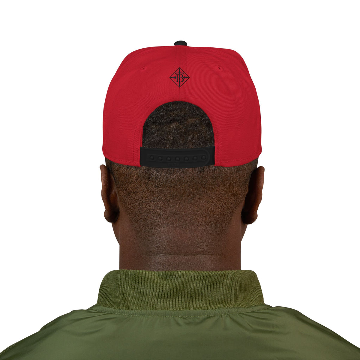 Black Embroidered Snapback Cap — Minimal Geometric Logo, Adjustable Flat Brim