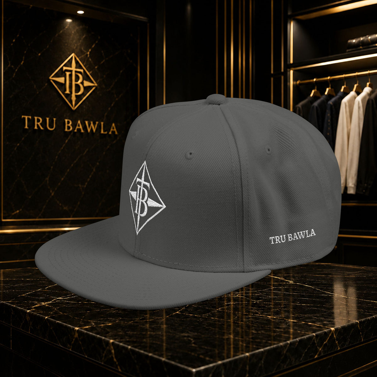 White Embroidered Snapback Cap — Minimal Geometric Logo, Adjustable Flat Brim