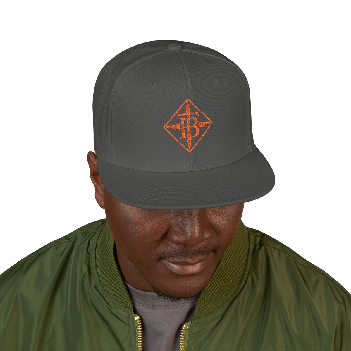 Embroidered Snapback Cap — Minimal Geometric Logo, Adjustable Flat Brim