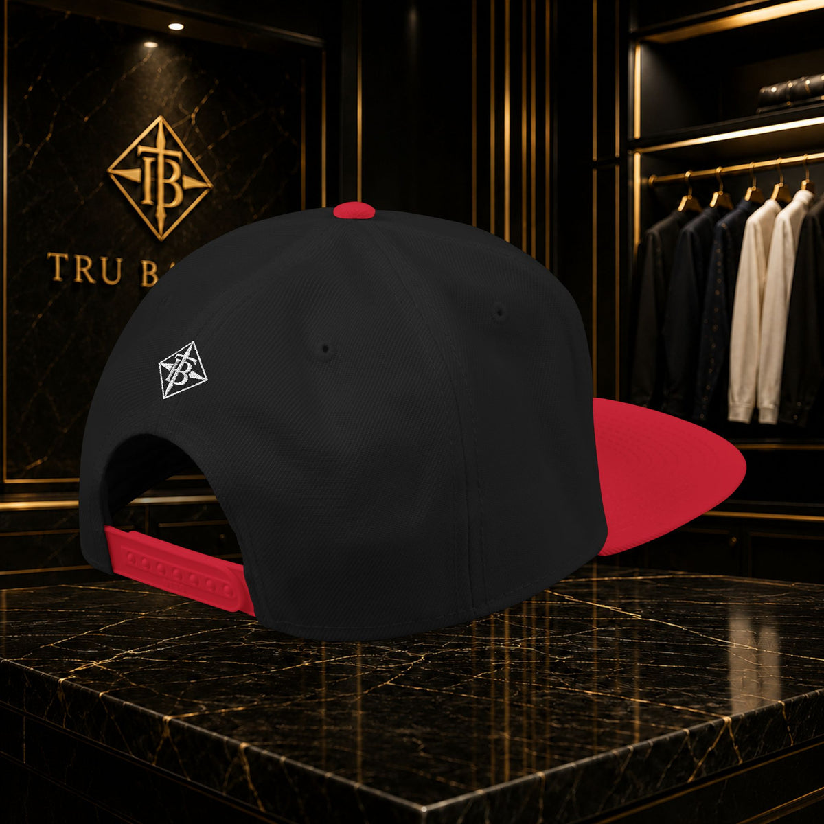 White Embroidered Snapback Cap — Minimal Geometric Logo, Adjustable Flat Brim