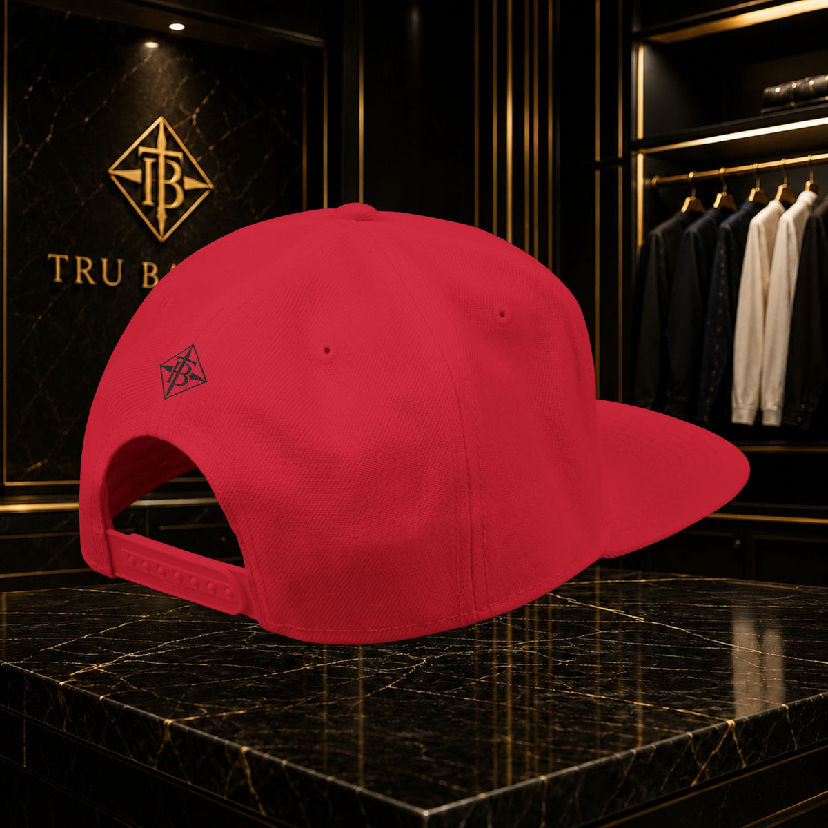 Black Embroidered Snapback Cap — Minimal Geometric Logo, Adjustable Flat Brim