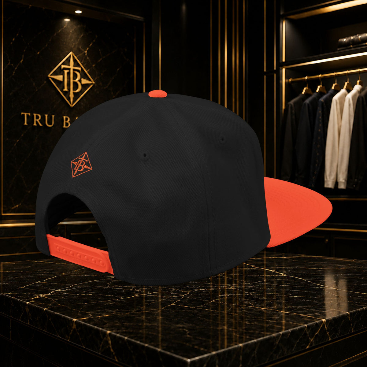 Embroidered Snapback Cap — Minimal Geometric Logo, Adjustable Flat Brim